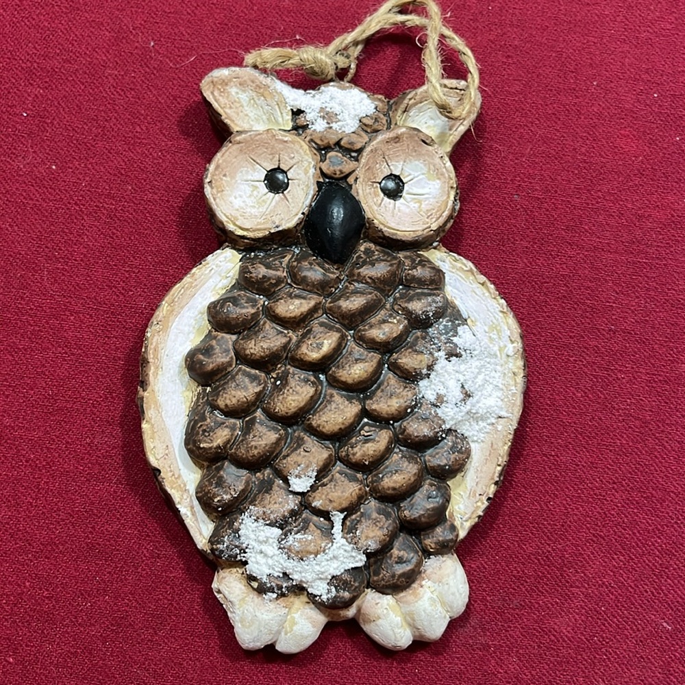 Brown Snowy Owl Ornament 5” on twine loop hook Christmas holiday bird OWL woodsy